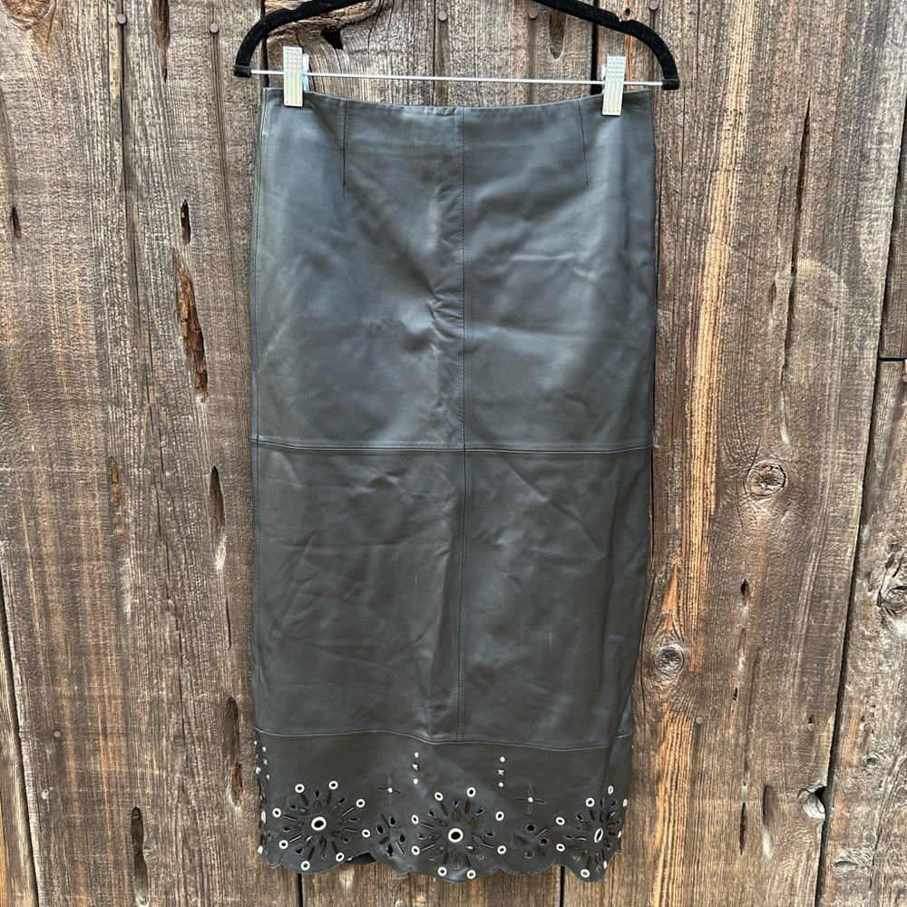 Cusp by Neiman Marcus Black Leather Bedazzled Pencil Skirt with Eyelets